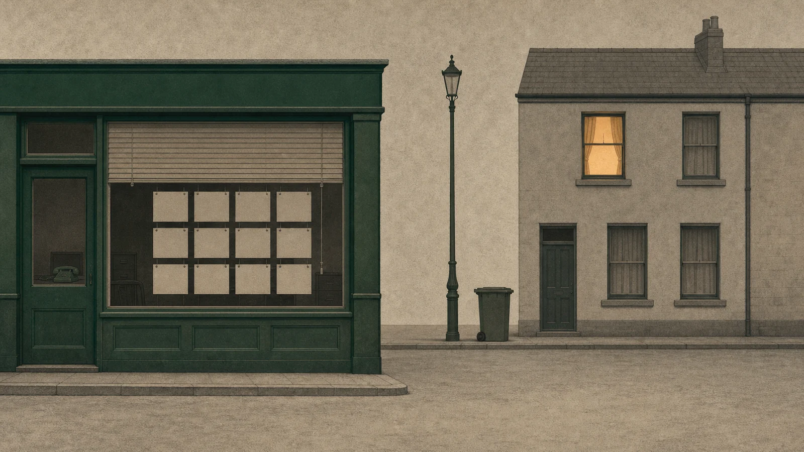 A quiet street at dusk. On the left a dark green estate agent's shopfront with blank property cards in the window and a telephone on the desk inside; across the road a terraced house with one upstairs window lit, a lamp post and a wheelie bin between them