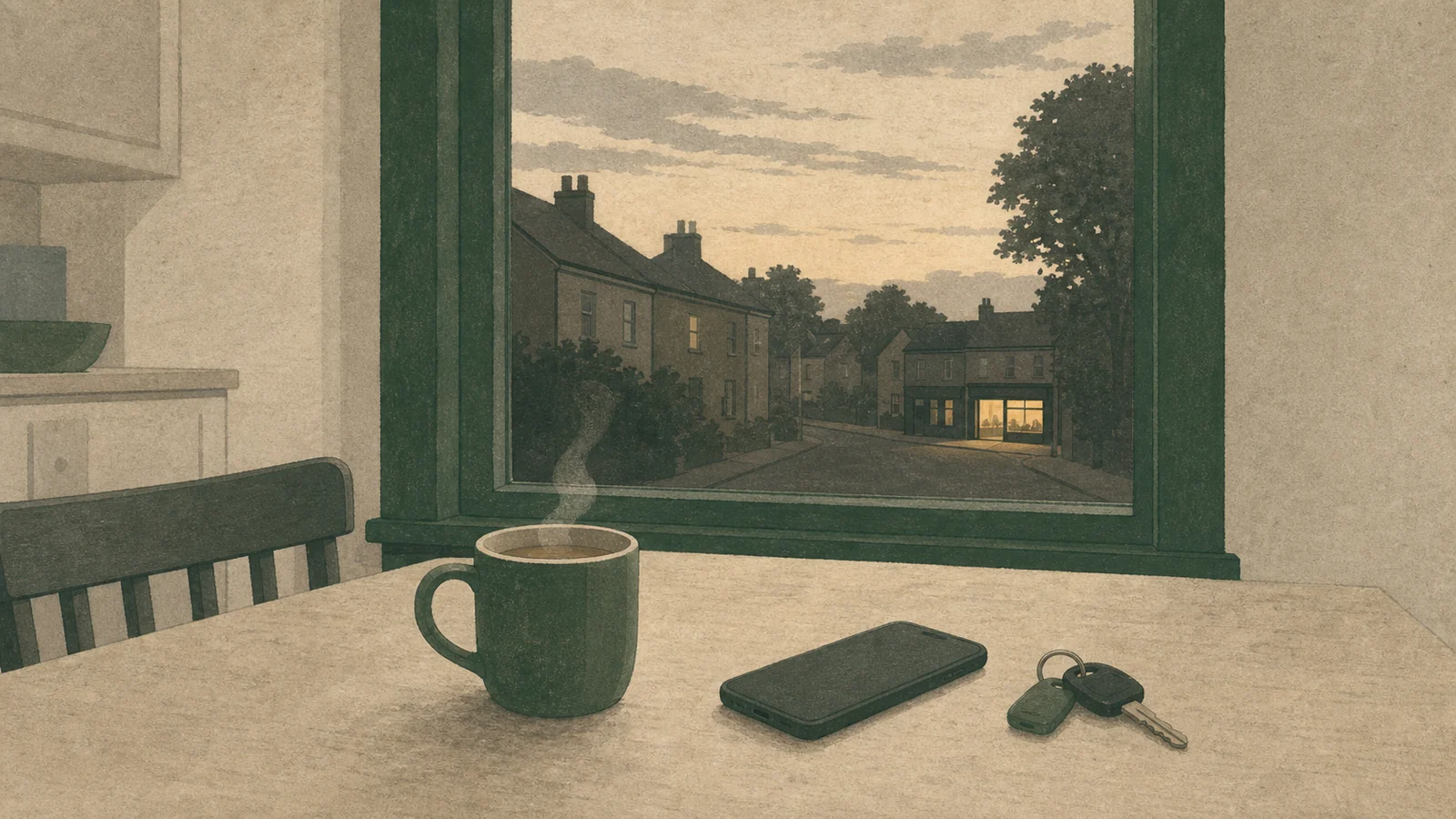 A mug of tea and a phone face-down on a kitchen table at dusk, with one shop light still on at the end of the street outside