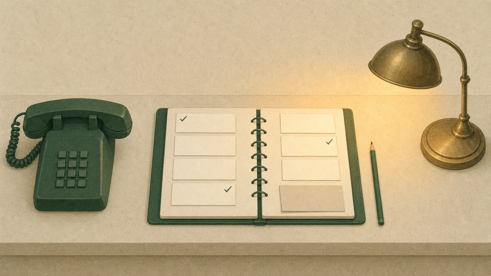 A reception desk from above. An open green ring binder of blank cards, three ticked in green and one turned face down; a green telephone at the left edge, a pencil, and a small desk lamp casting warm light across the pages
