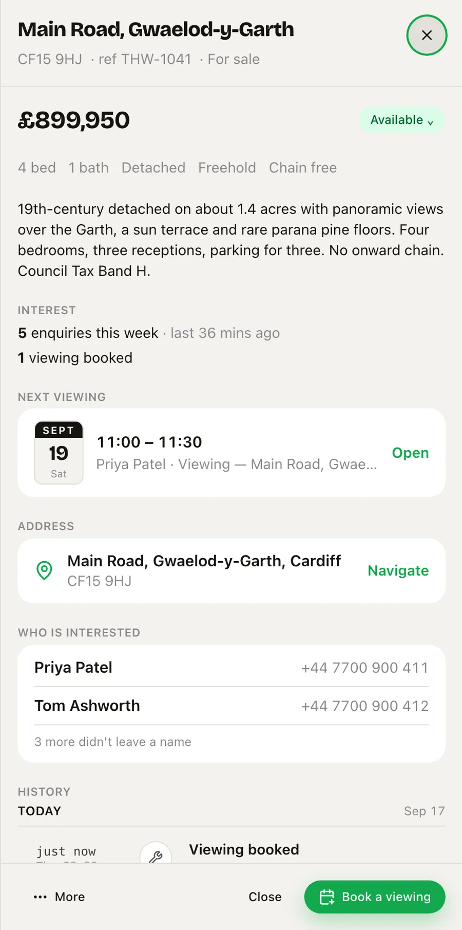 The Main Road sheet: price, status, five enquiries this week, the Saturday viewing, who is interested