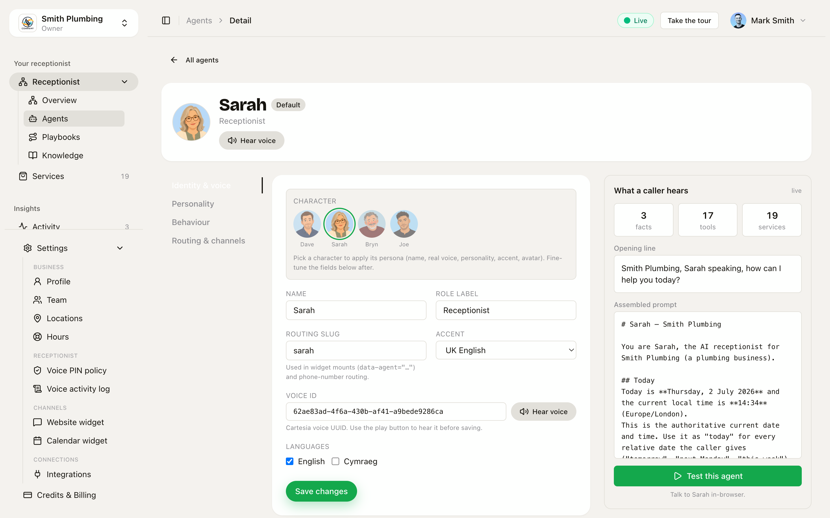 Identity & voice tab with slug + voiceId fields