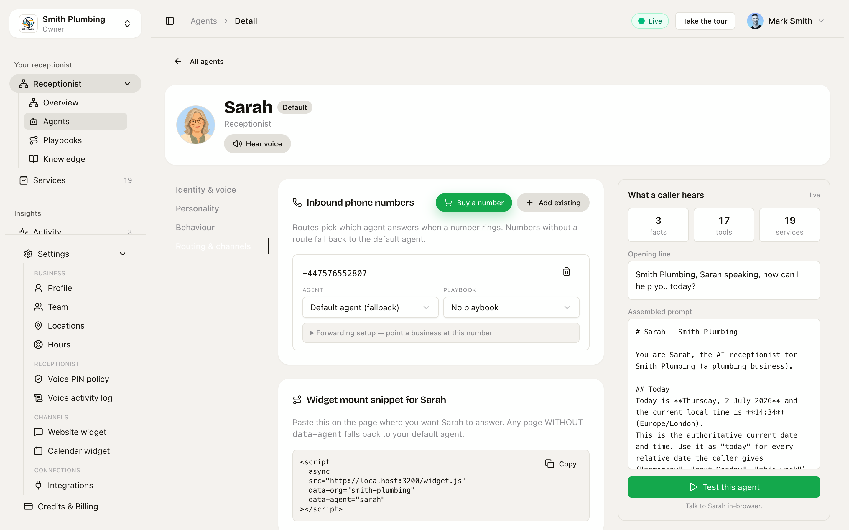 Routing & channels tab — phone number routes + widget snippet