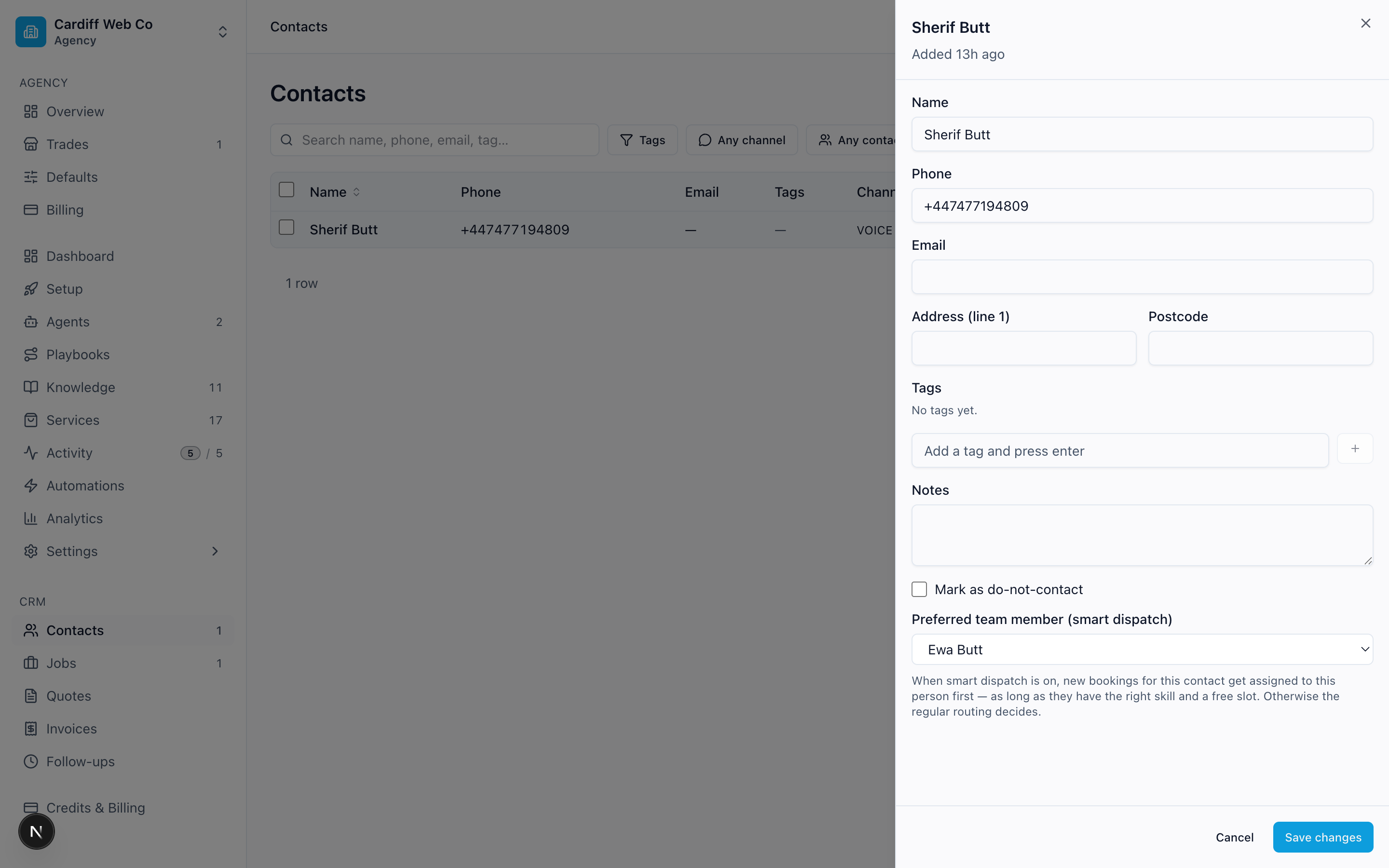 Contact drawer with preferred team member