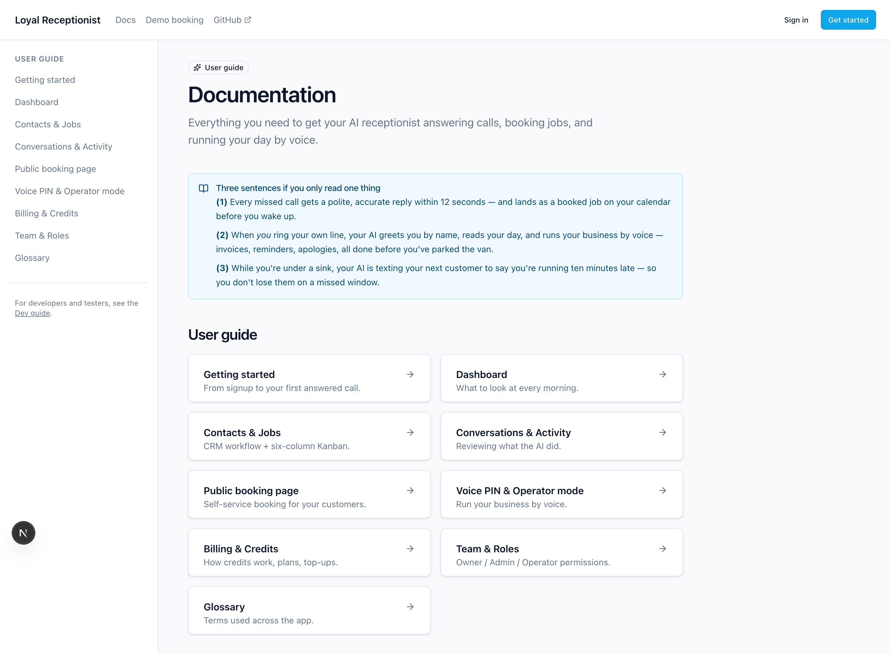 Loyal Receptionist documentation landing page