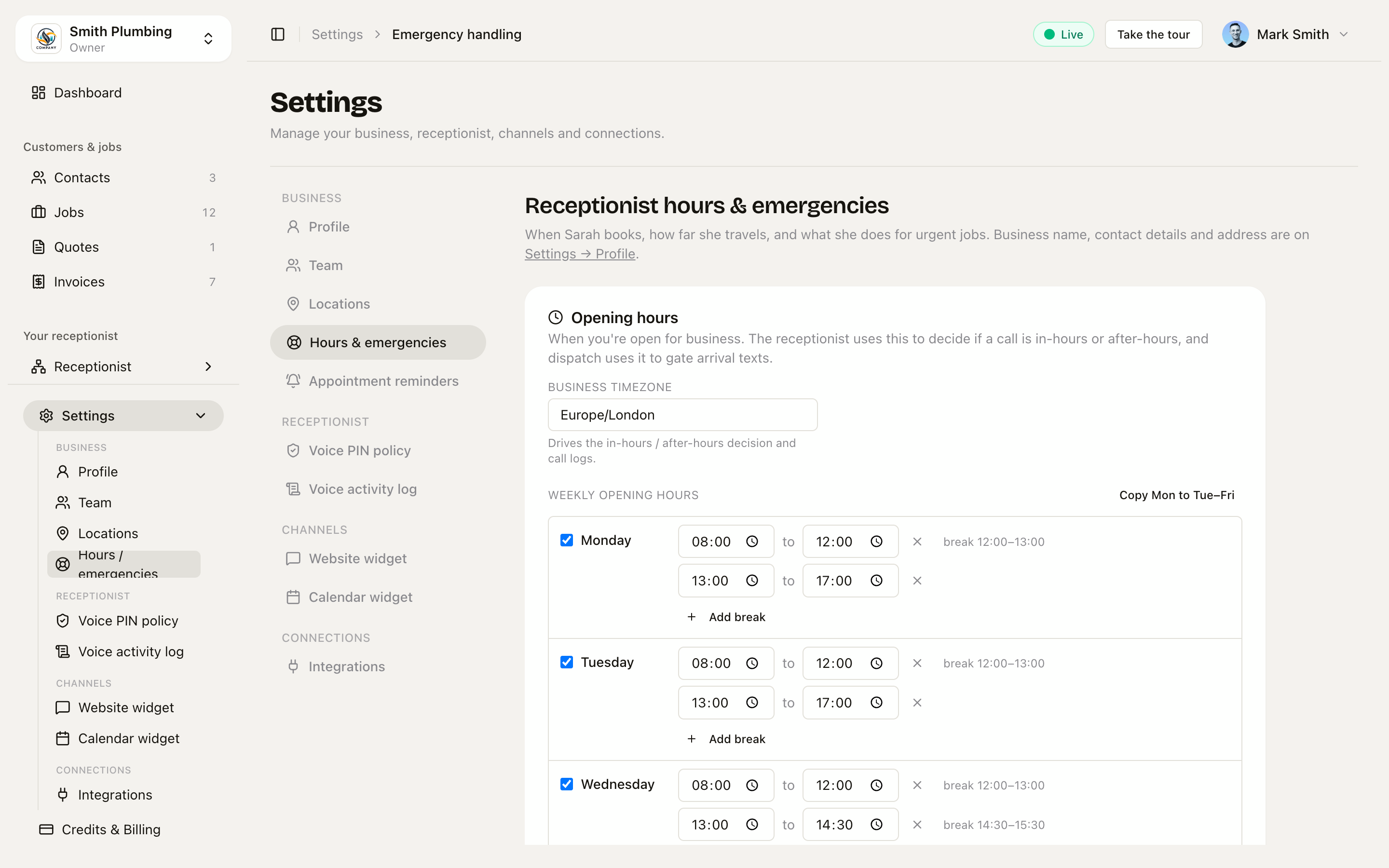 Hours & emergencies settings