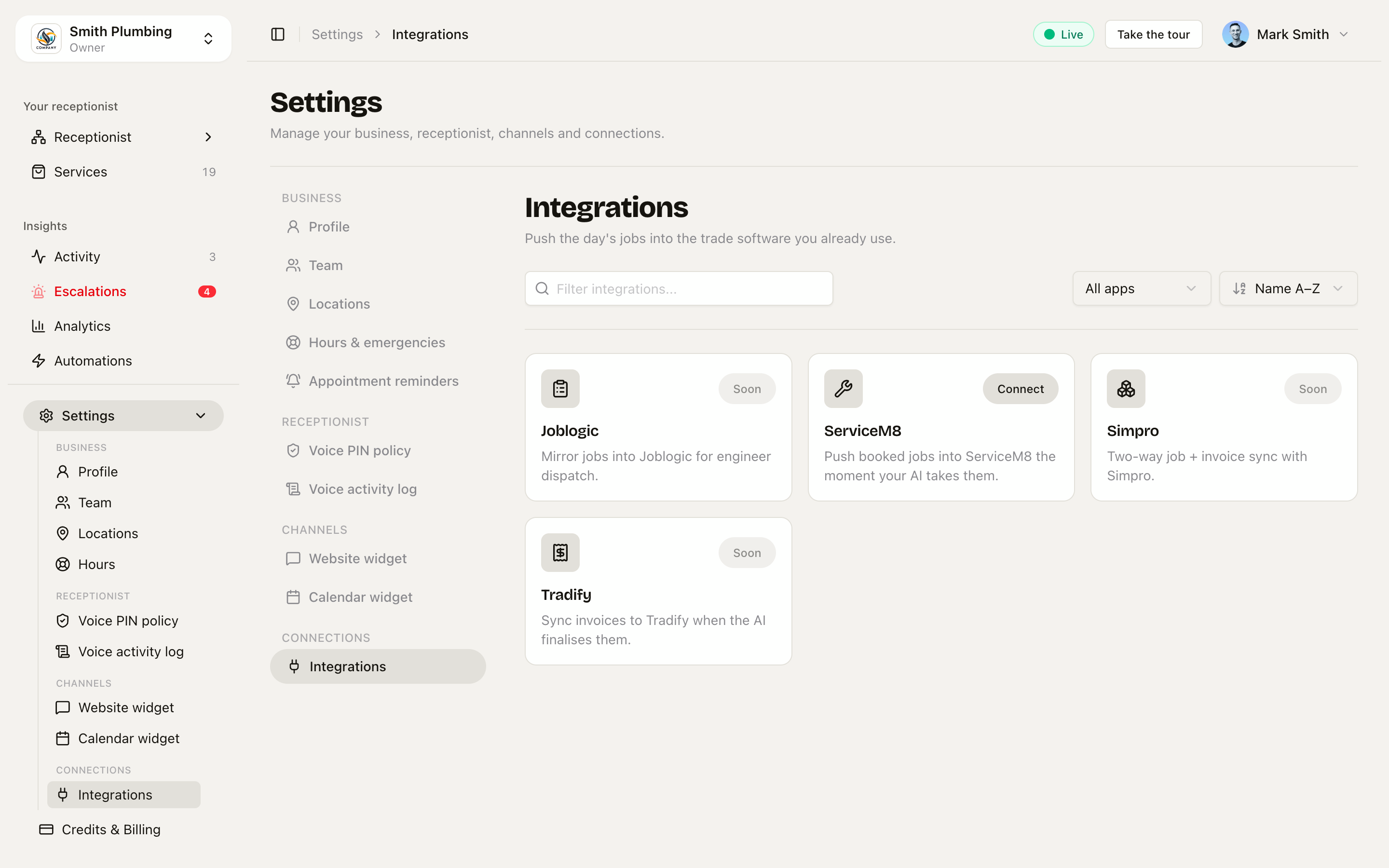 Integrations screen