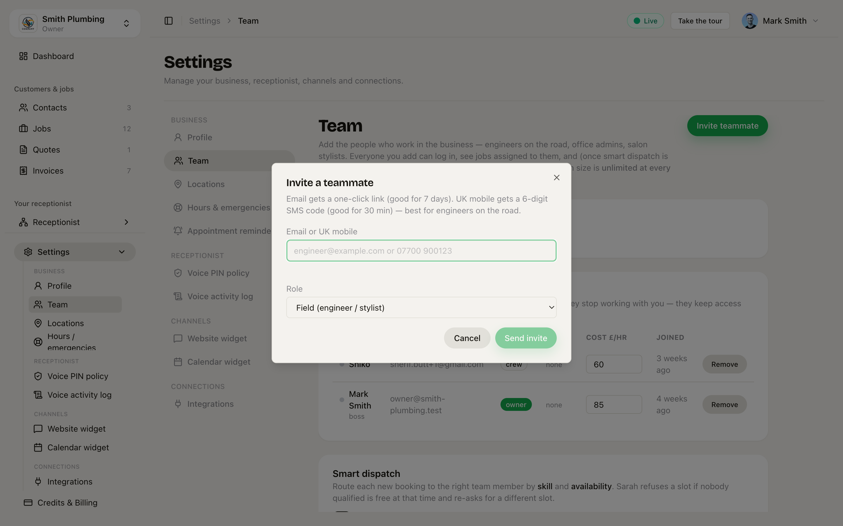 Invite teammate modal