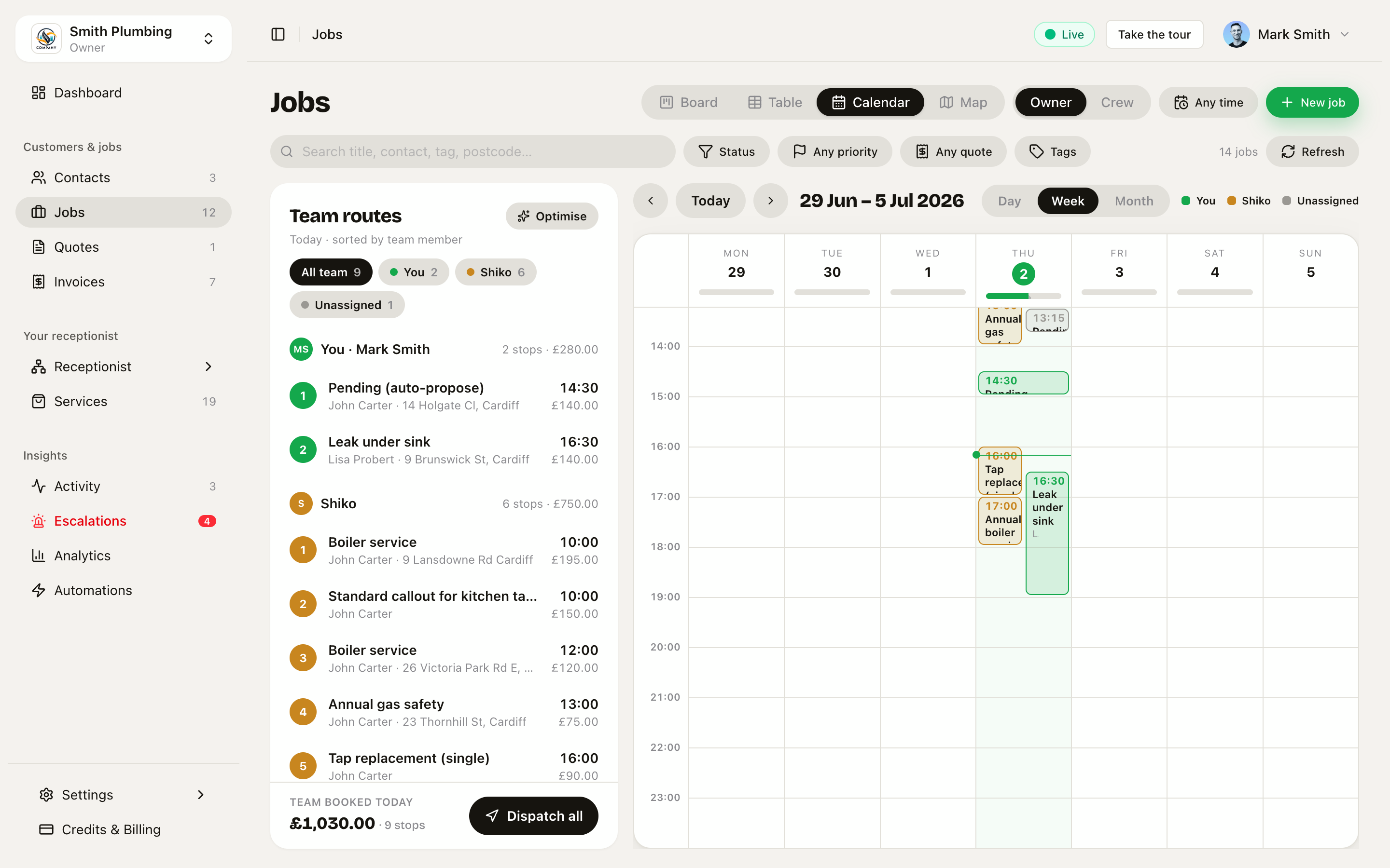 The calendar, where a survey is a short block and a three-day job is three blocks you can move one at a time