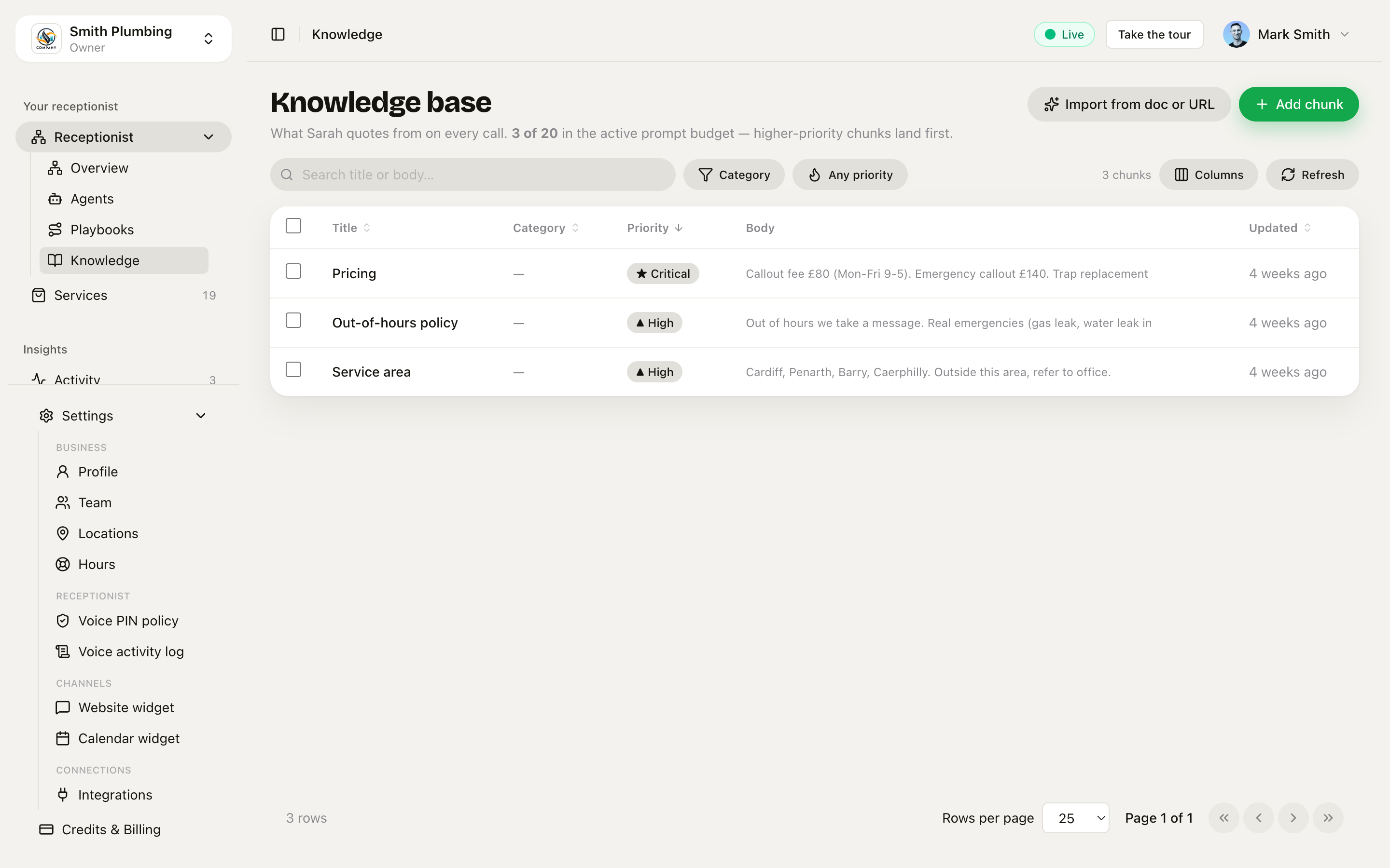 The org-wide Knowledge base page with five chunks loaded