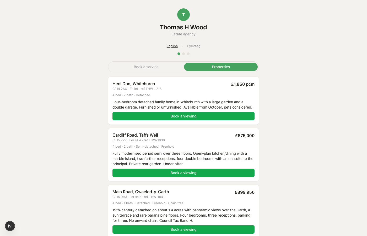 The public booking page with a Properties tab and Book a viewing on each card