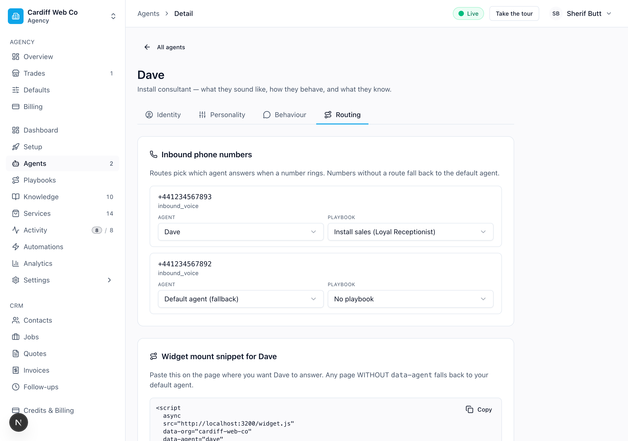 Routing & channels tab with playbook picker