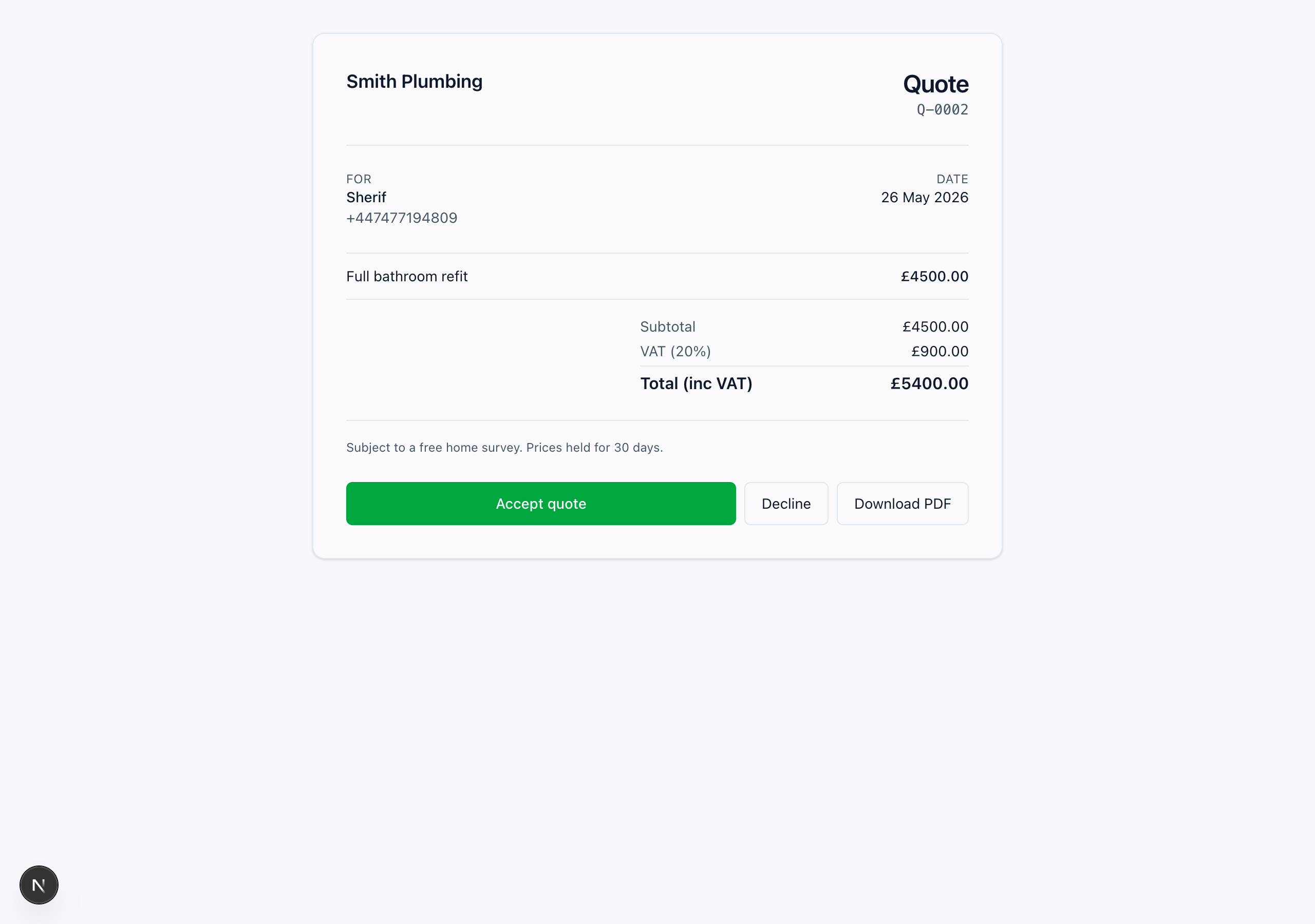 Customer quote view