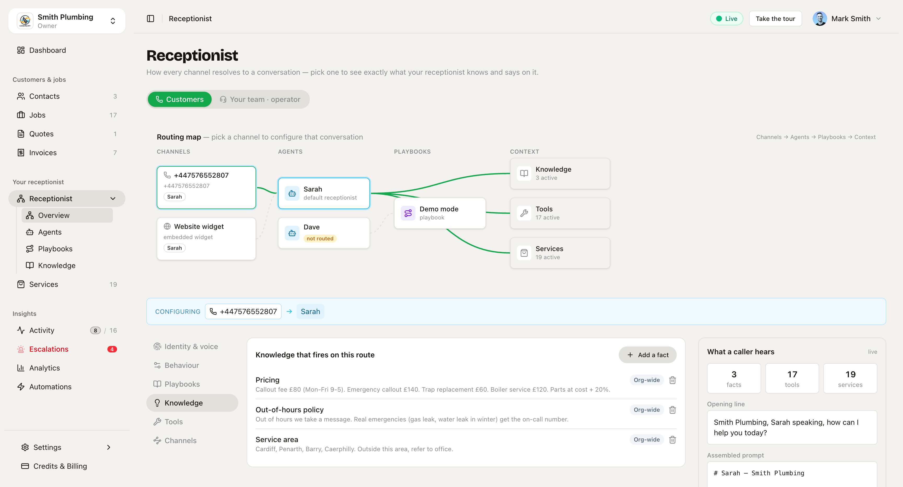 The Receptionist hub — routing map, studio and the live "What a caller hears" preview