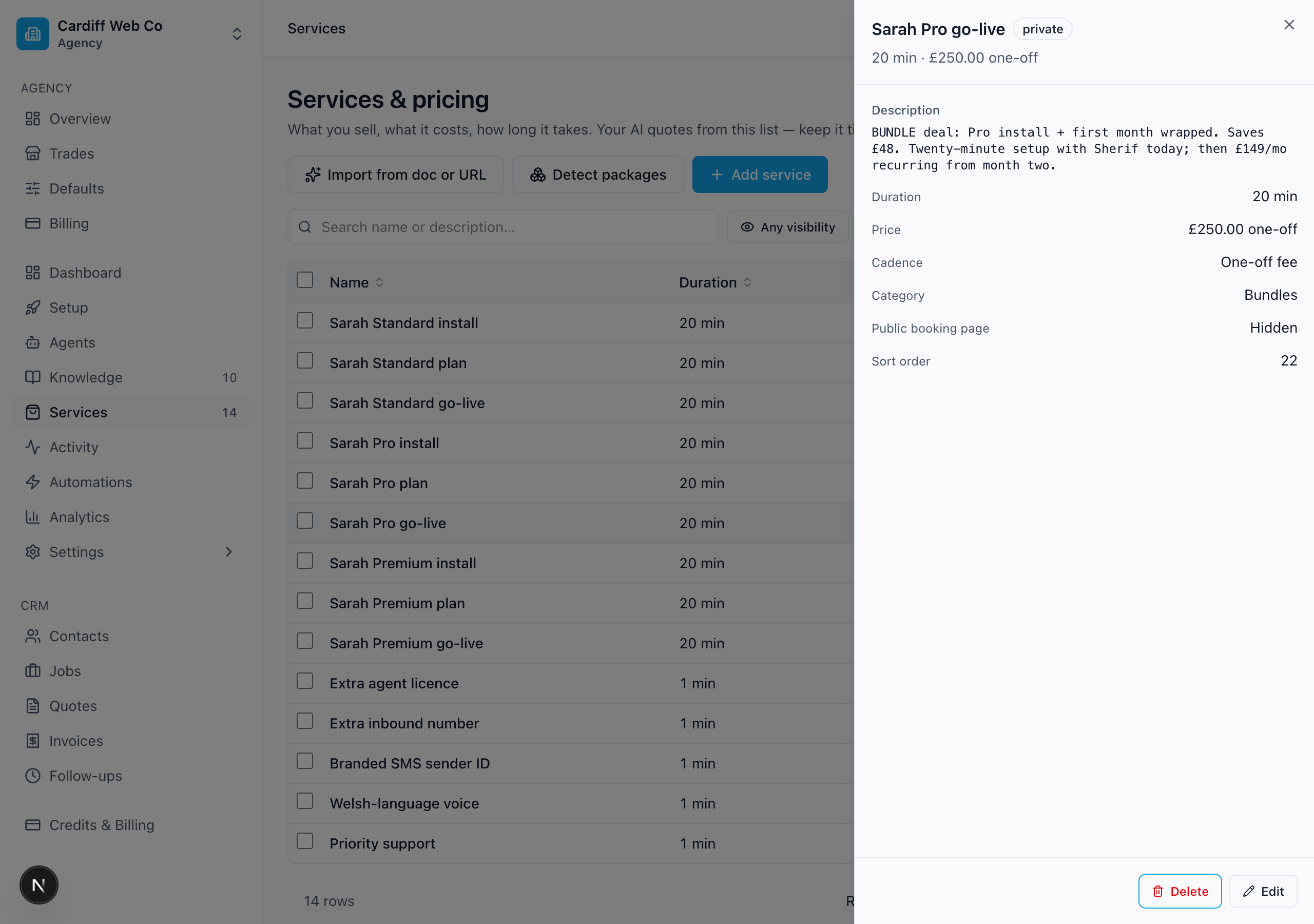 Service drawer with cadence + category