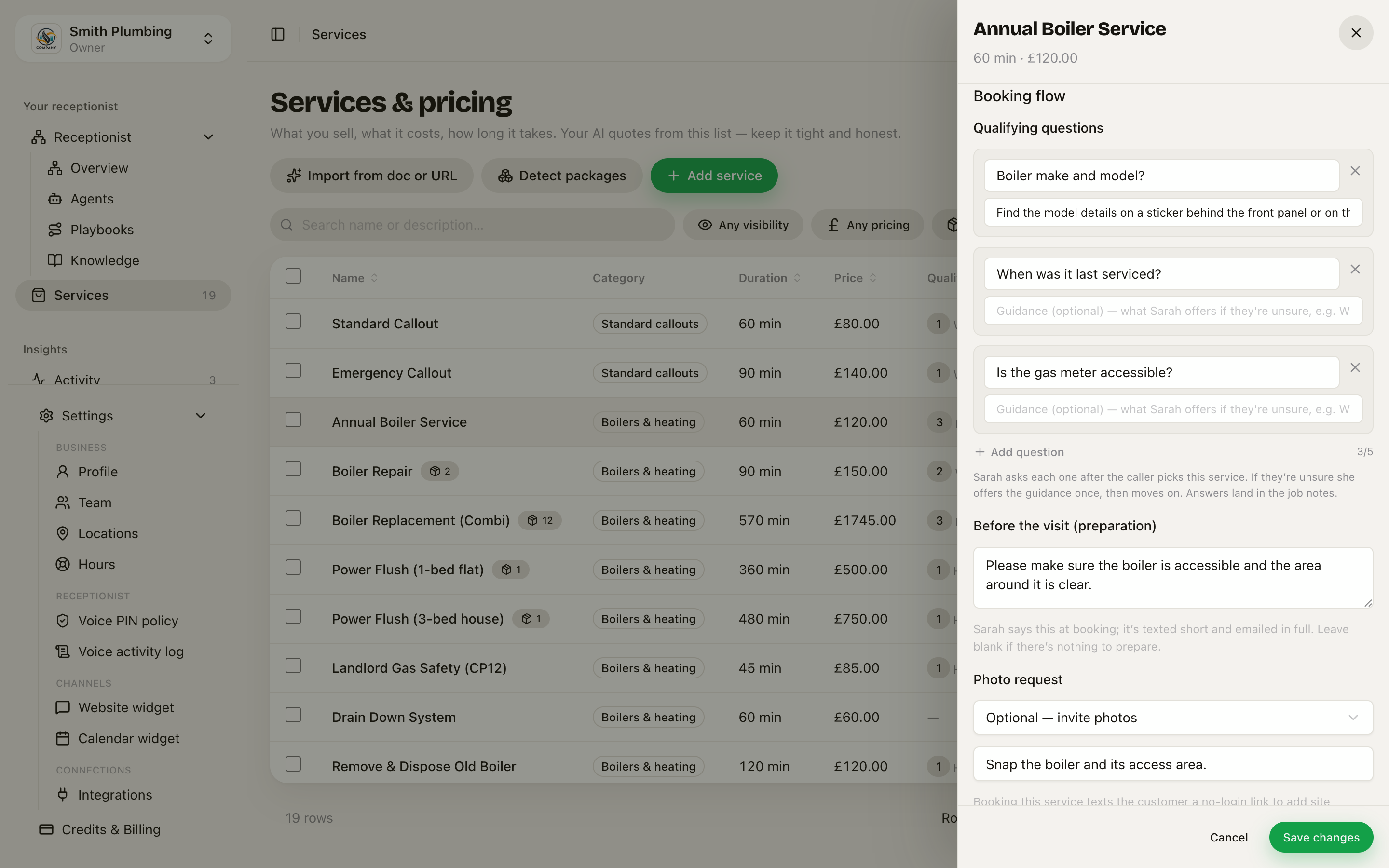 Booking flow section of the service drawer