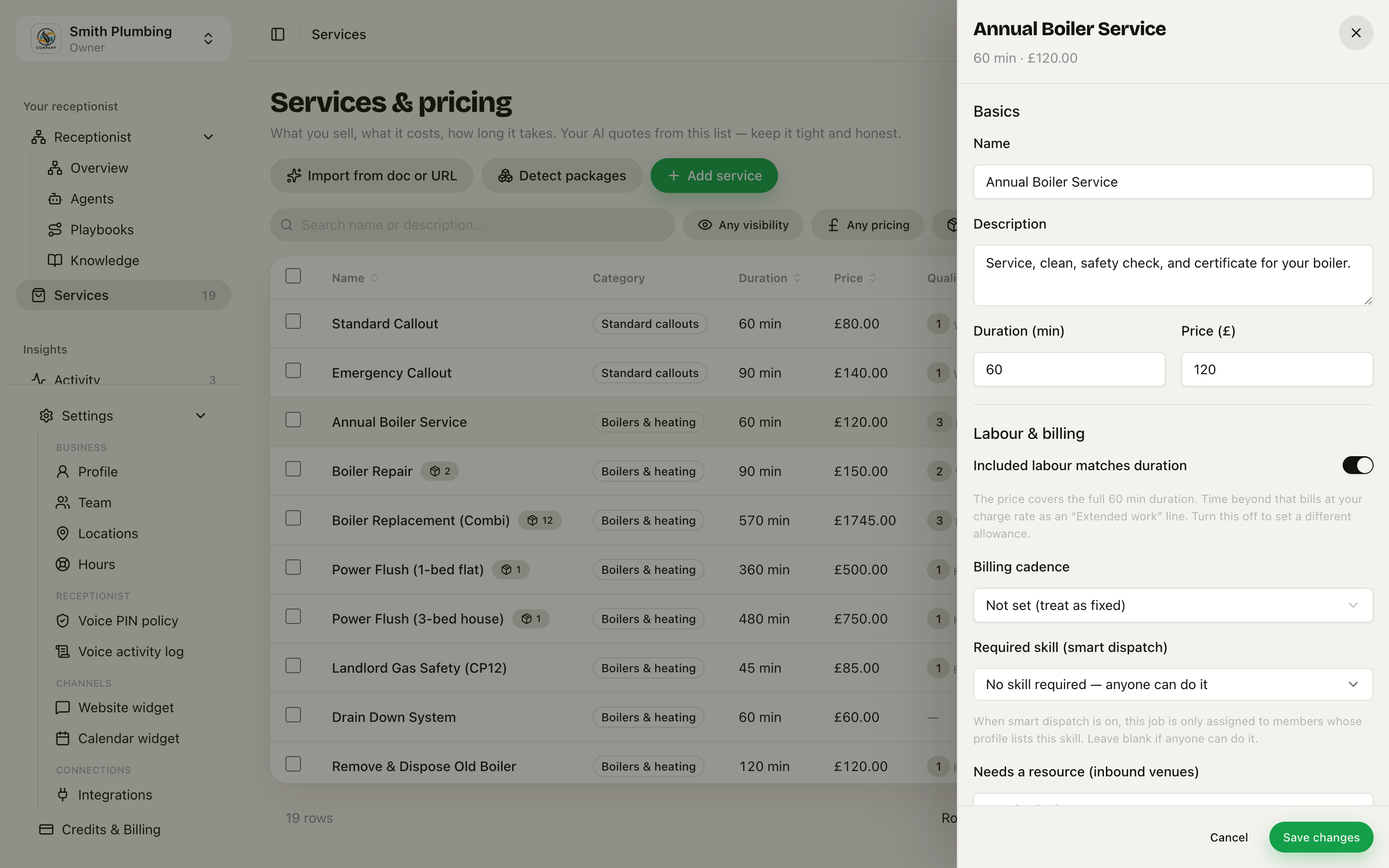 Labour & billing section of the service drawer