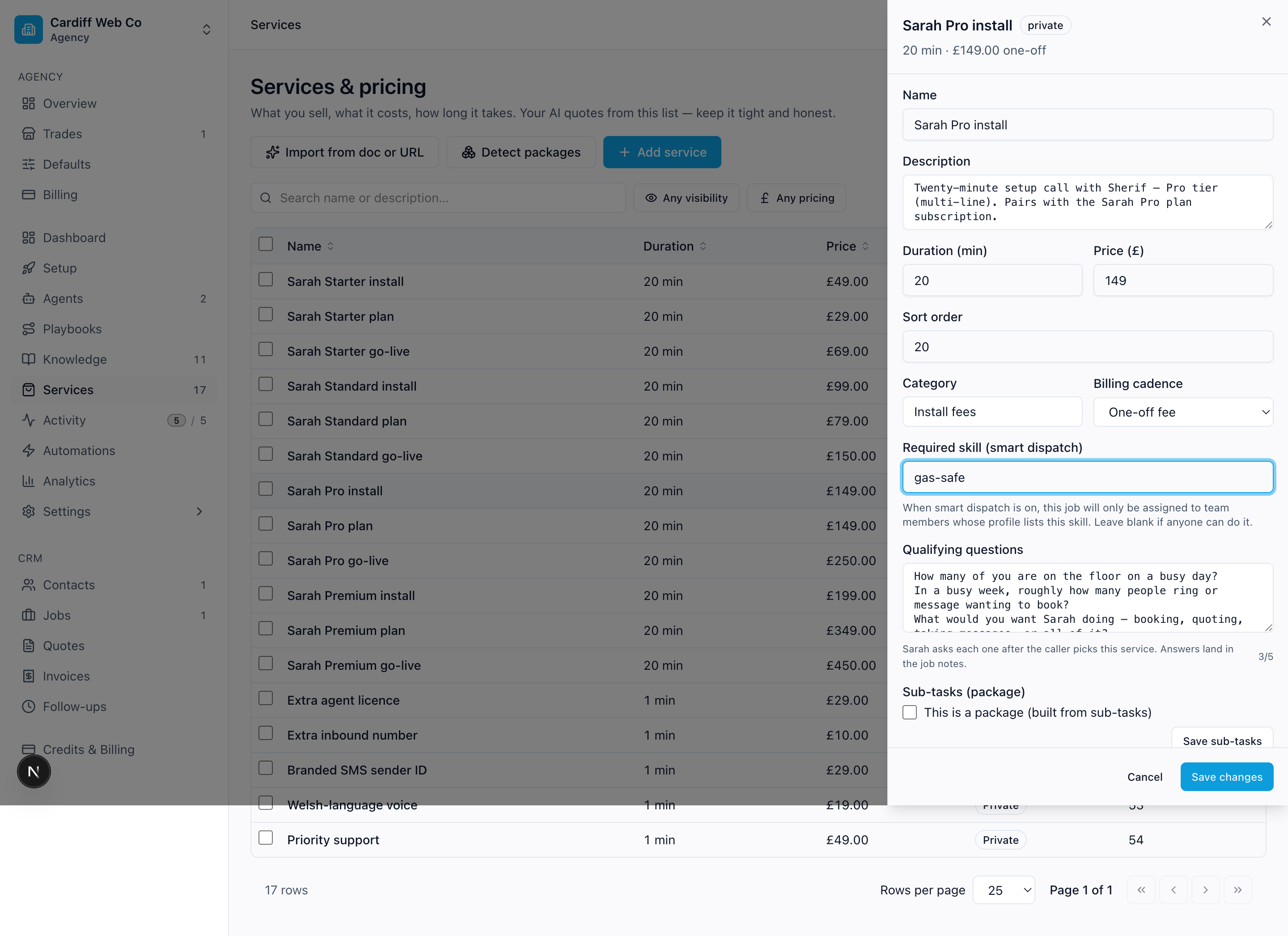 Service edit drawer with Required skill