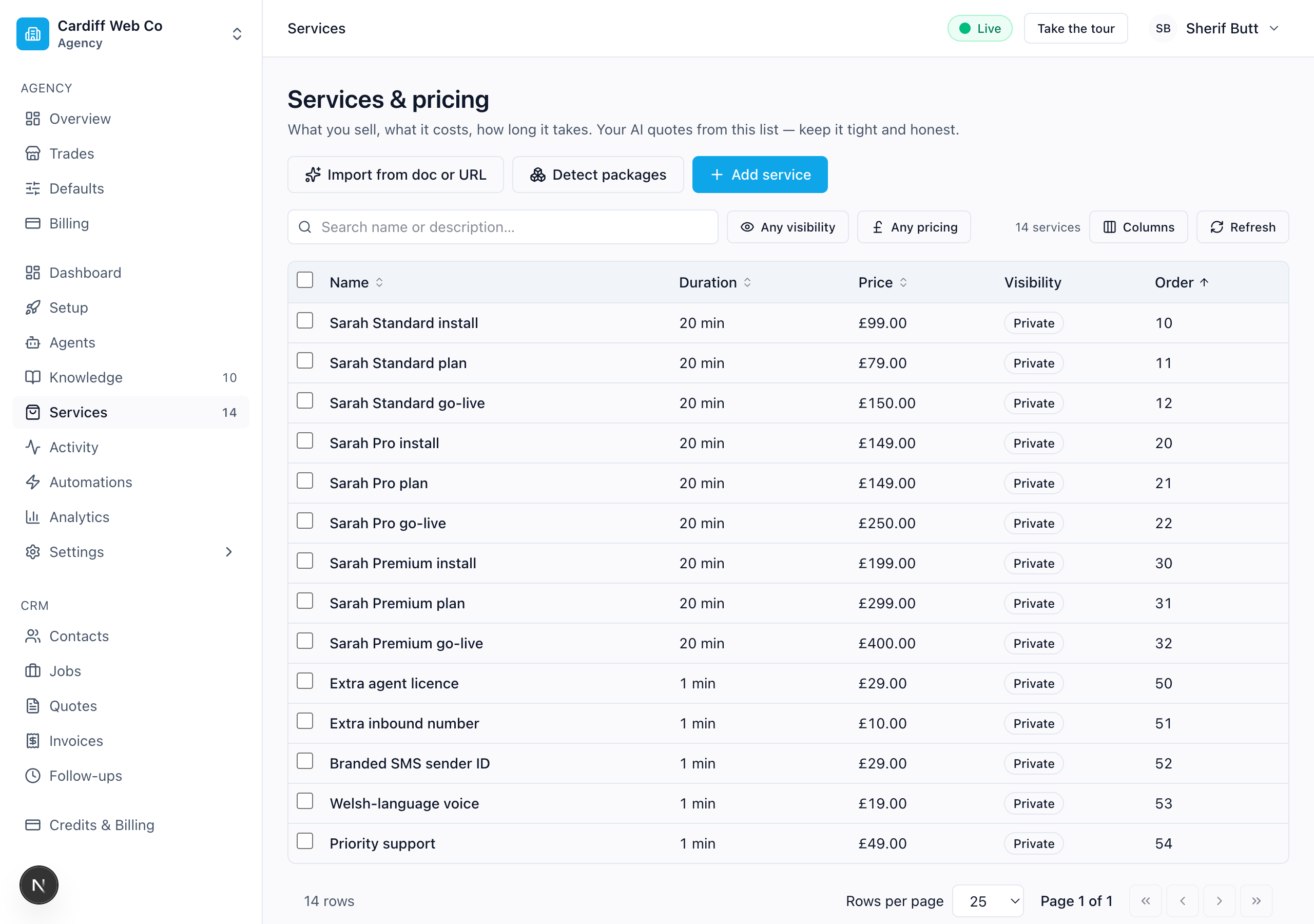 Services catalogue — install fees, subscriptions, bundles, add-ons
