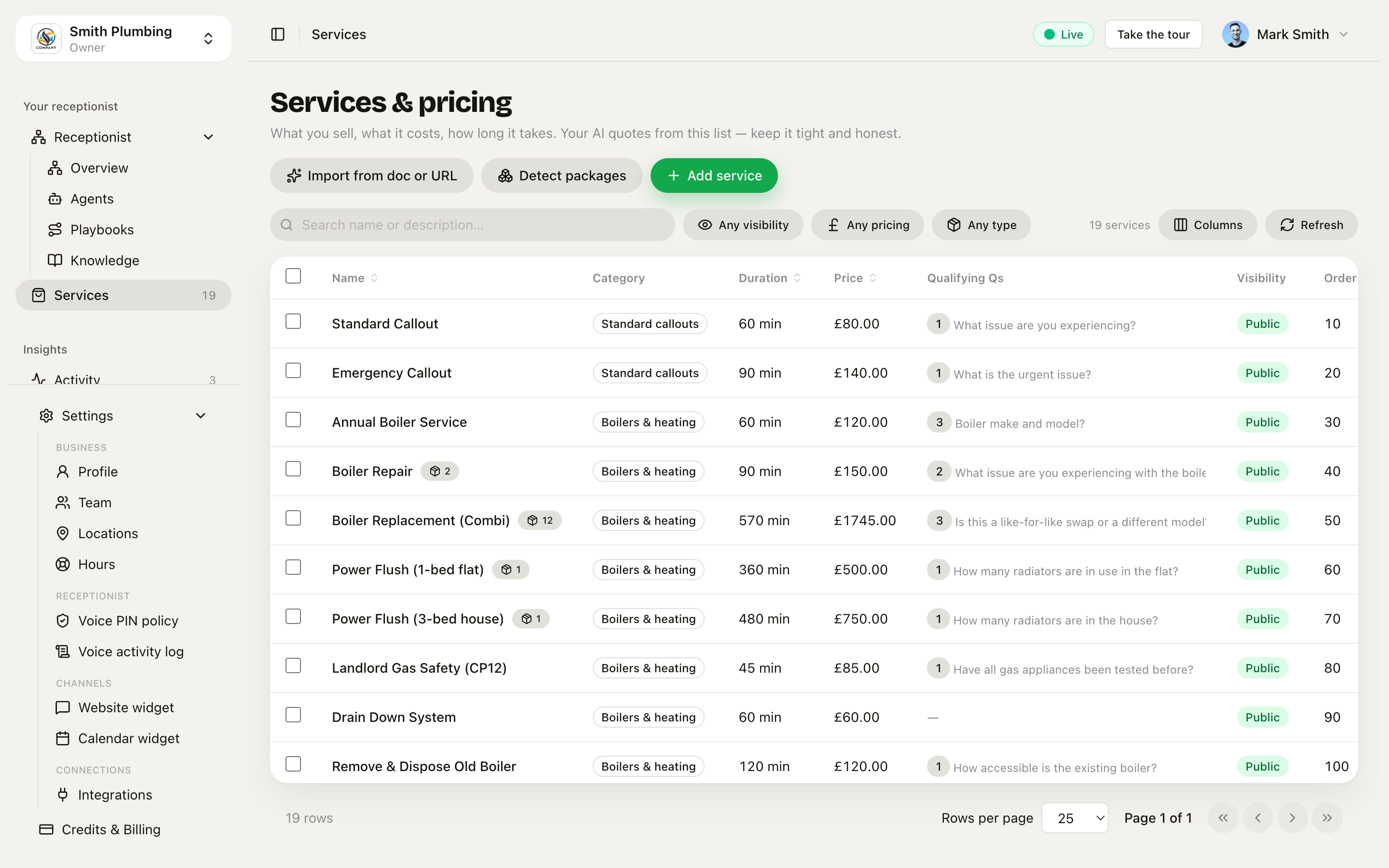 The Services page with a tap-replacement row expanded