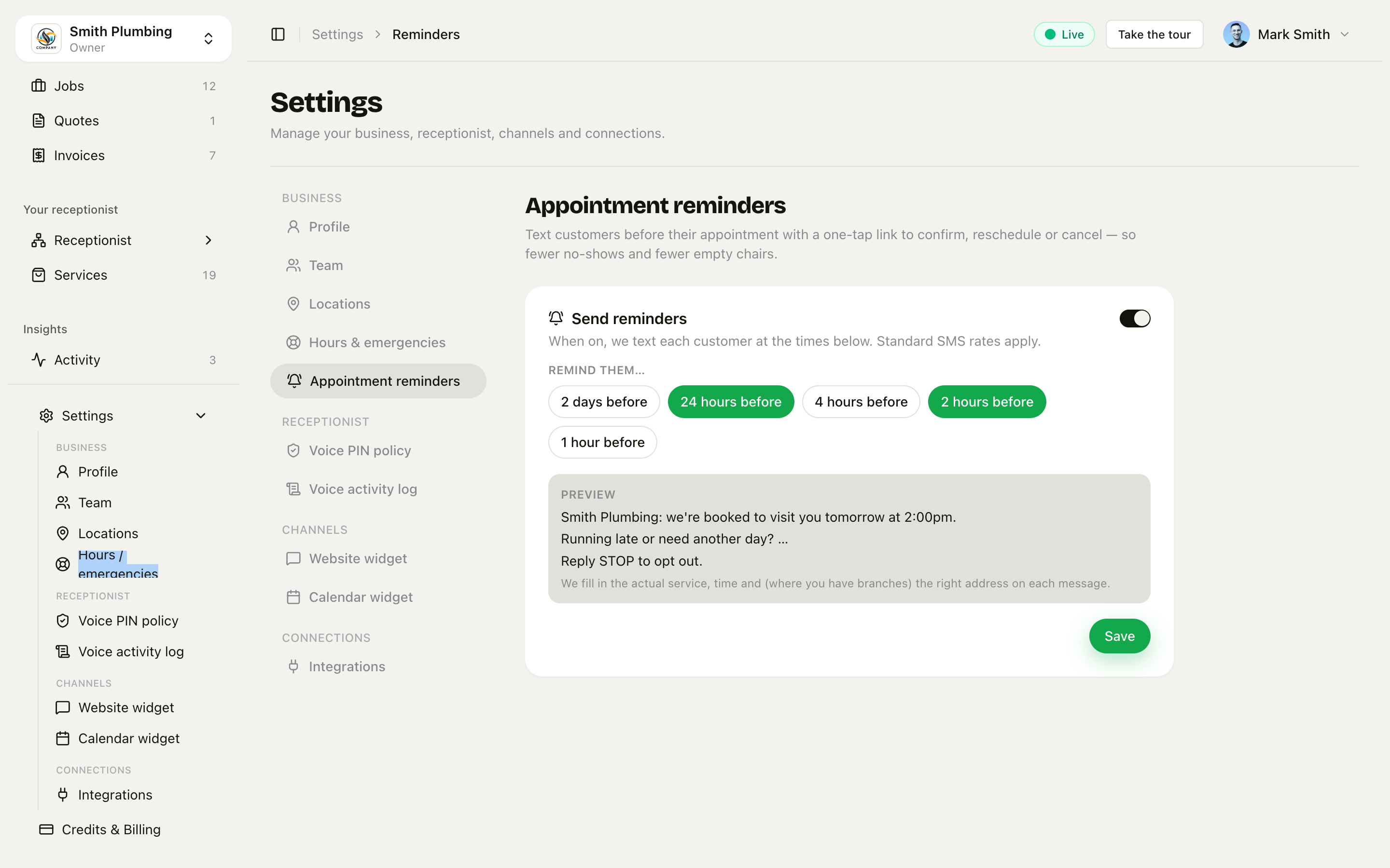 Appointment reminders settings