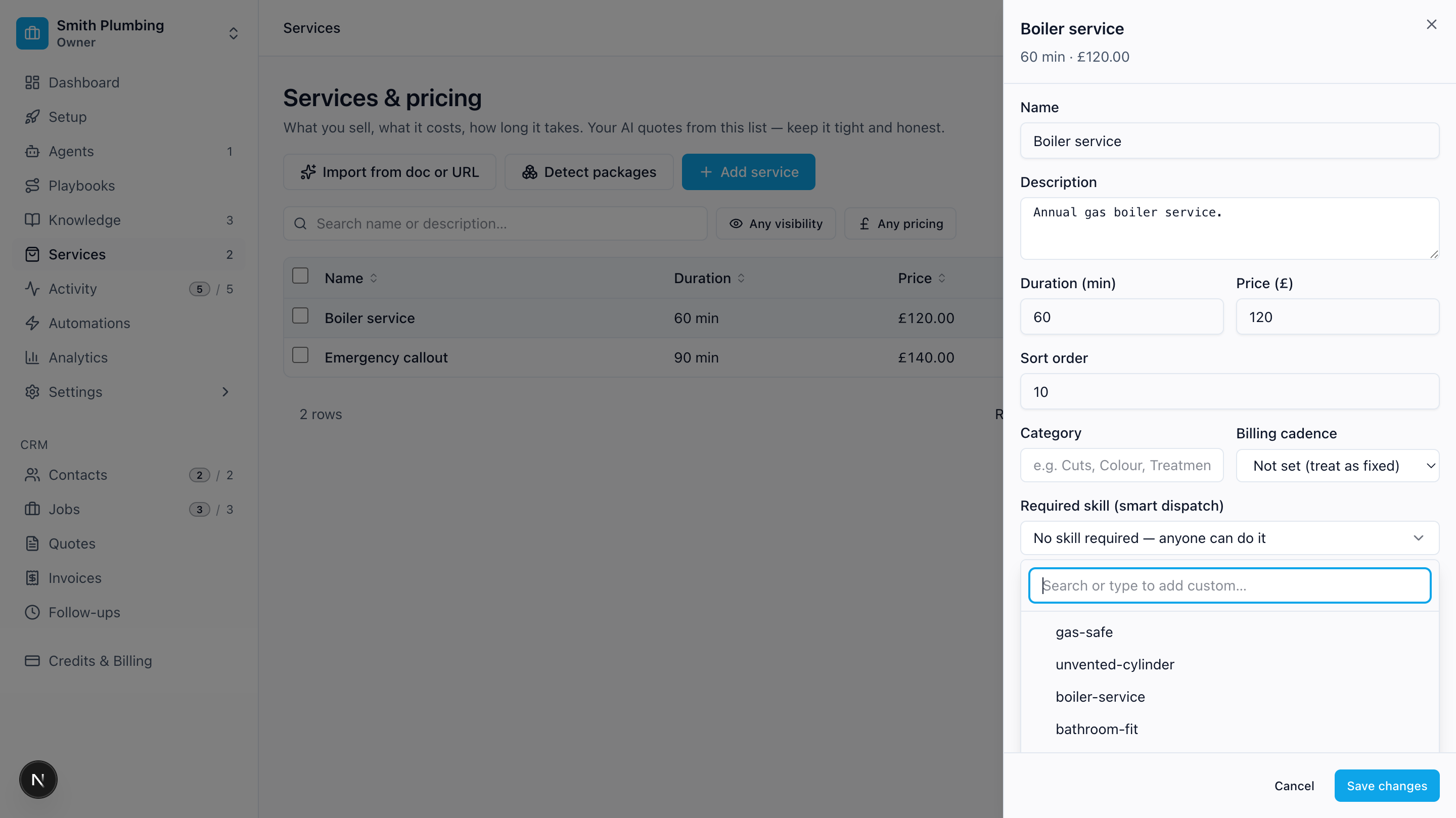 Skills picker on the service edit drawer