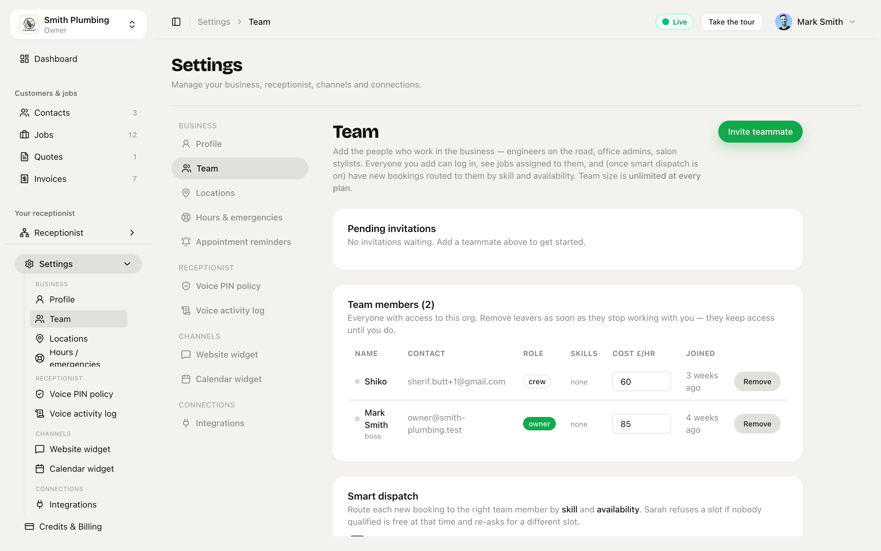 Team page — members + Smart Dispatch toggle